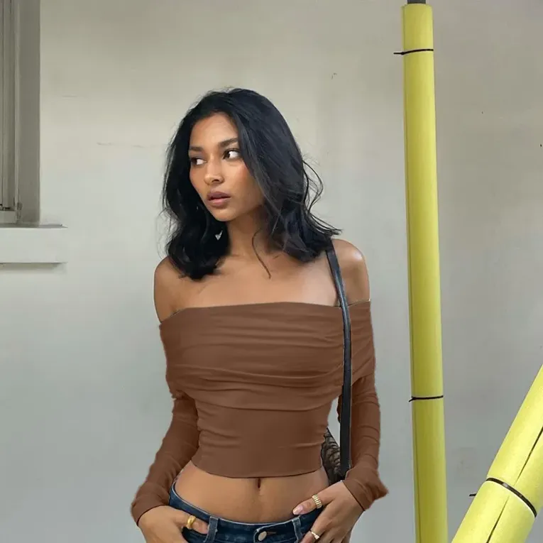 Brown Solid Off Shoulder Crop Top - Image 1
