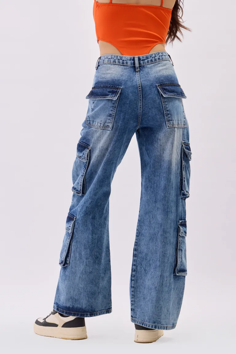 Blue Solid Cargo Jeans - NEWME