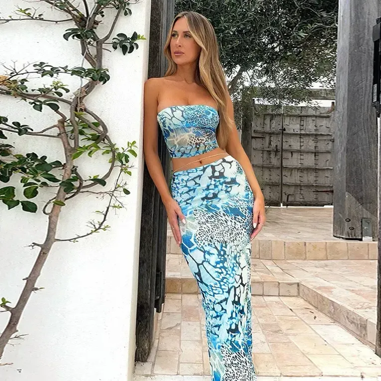 Blue Abstract Strapless Co Ord Set - Image 1