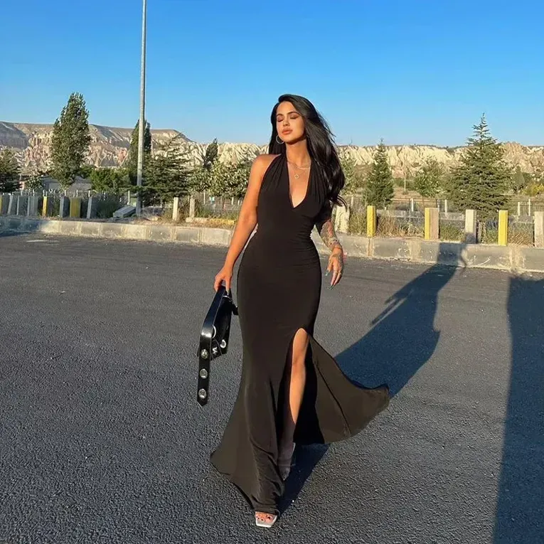 Black Halter Slit Mermaid Dress - Image 1