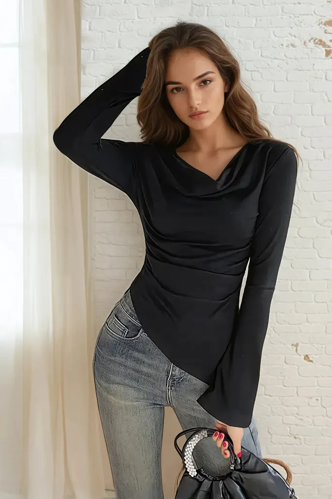 Black Draped Cowl Neck Asymmetric Top - Image 1