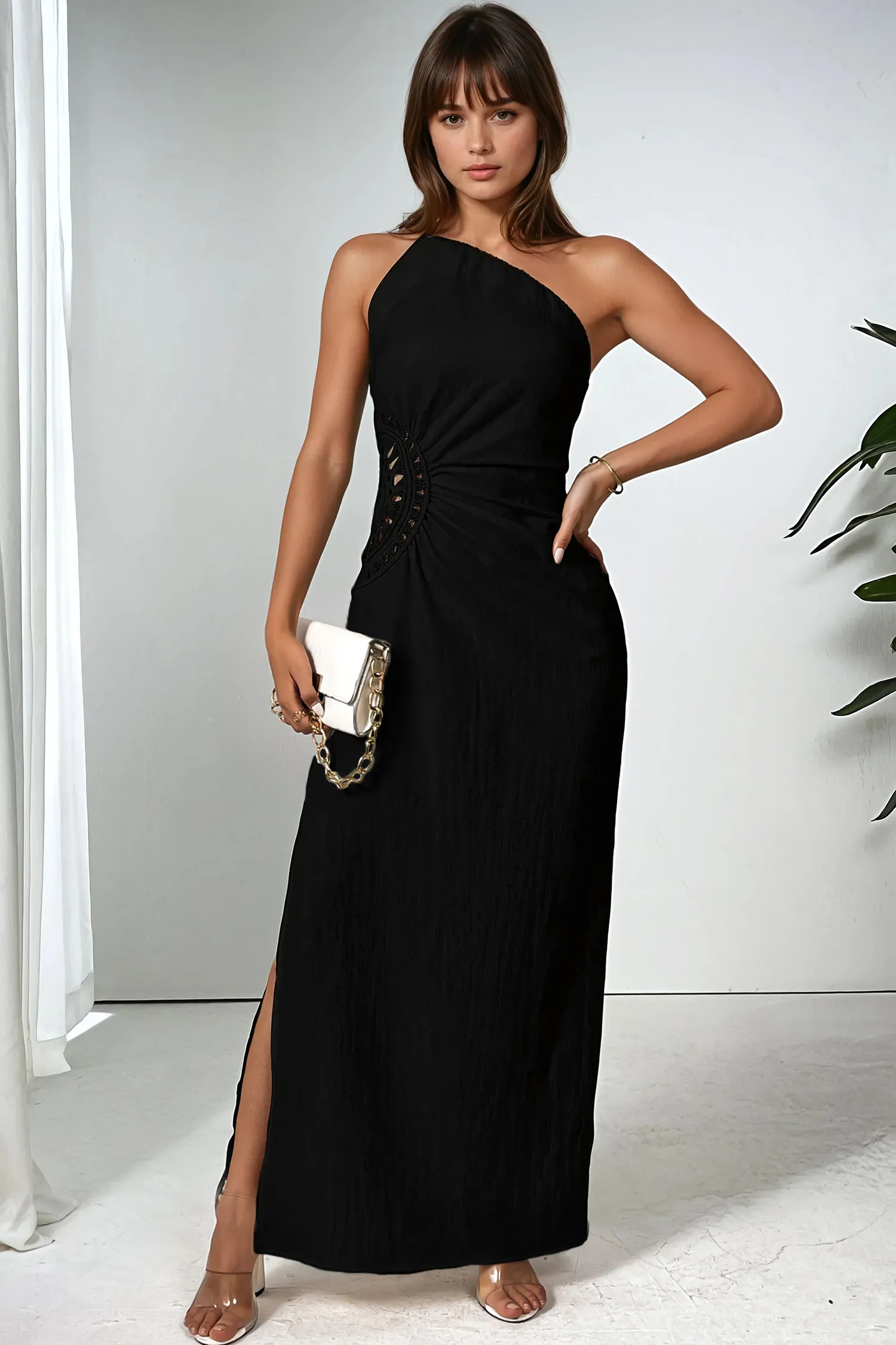 Black One Shoulder Maxi Dress - NEWME