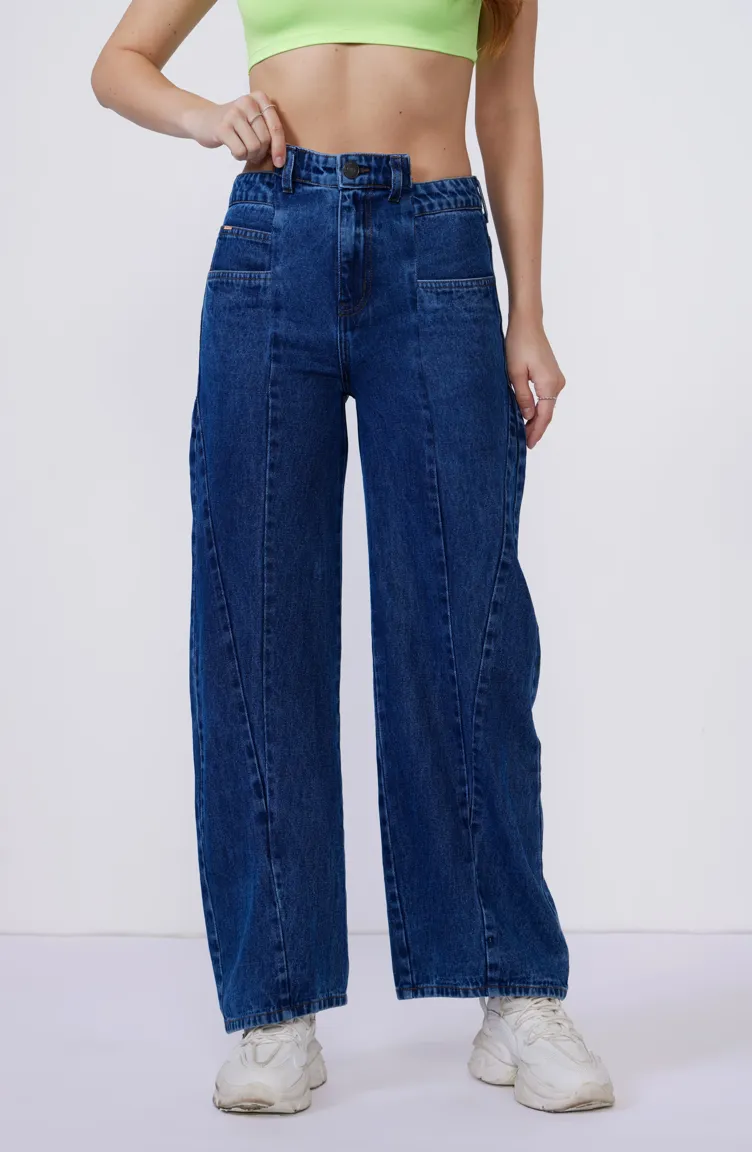 Dark Blue Asymmetrical Waist Denim Jeans - NEWME