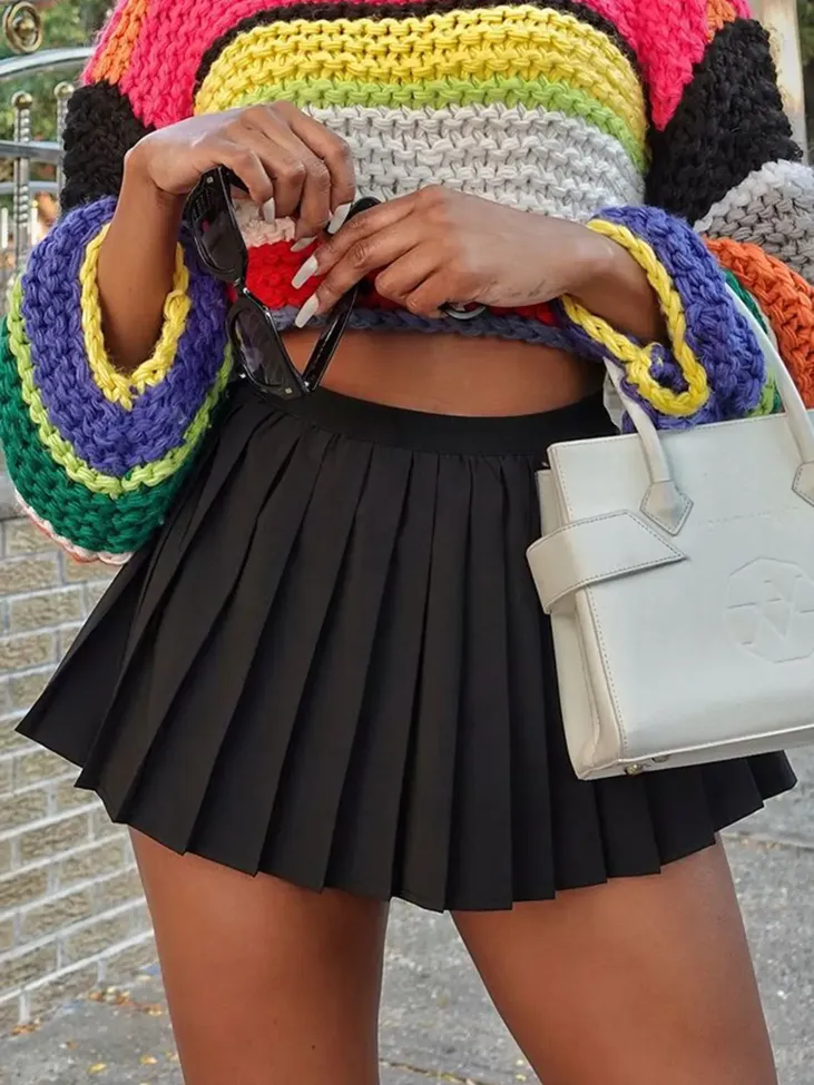 Black Solid Pleated Micro Mini Skirt - Image 1