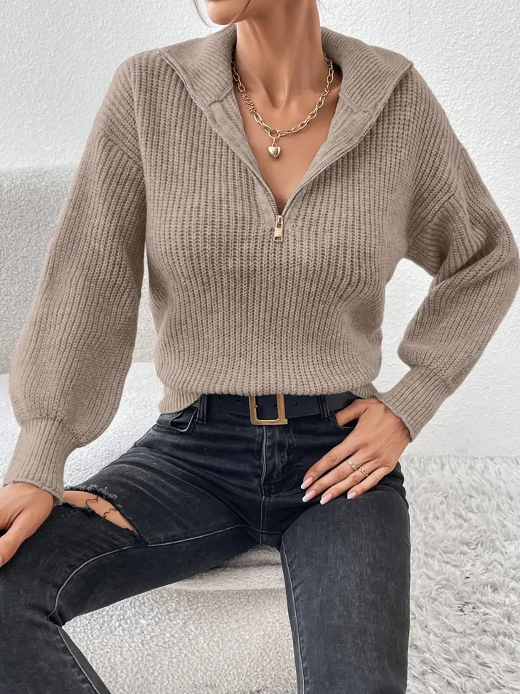 Khaki Textured High Neck Sweater Top - Image 1