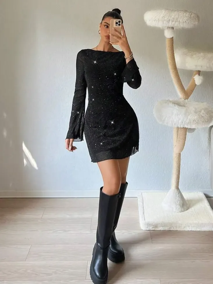 Black Shimmer Micro Mini Dress - NEWME