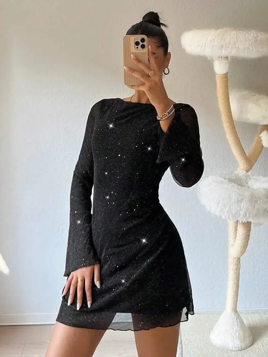 Black Shimmer Micro Mini Dress - NEWME