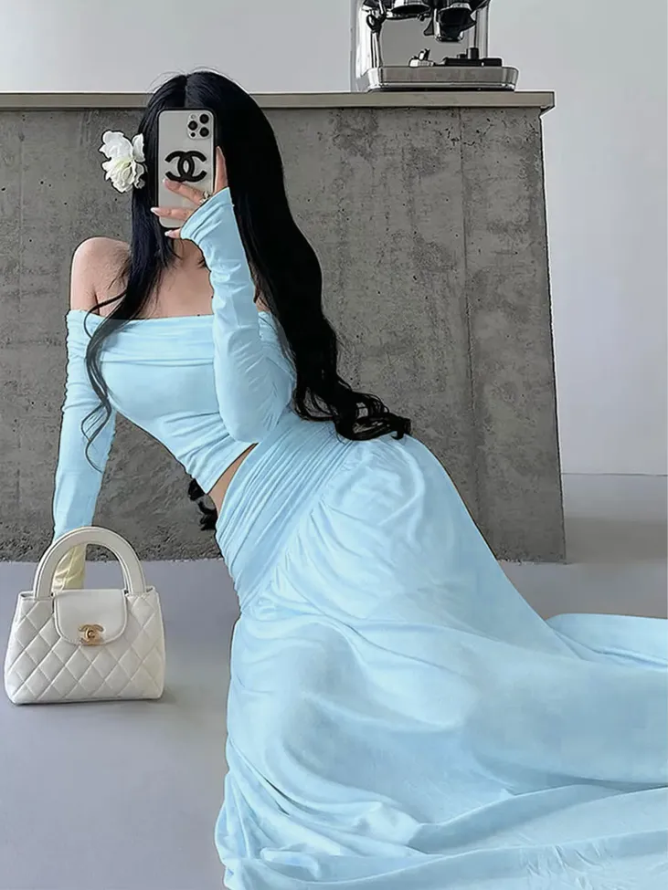 Light Blue Solid Off Shoulder Co Ord Set - Image 1