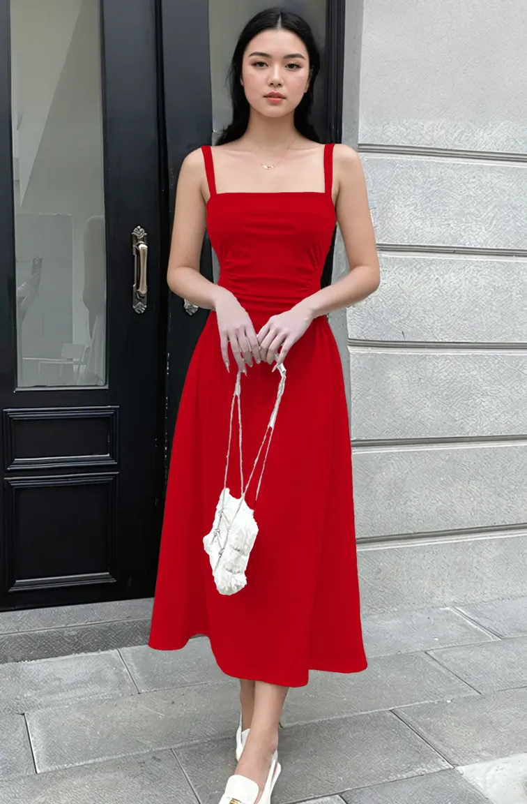Red Strapped Fit And Flare Dress - Image 1