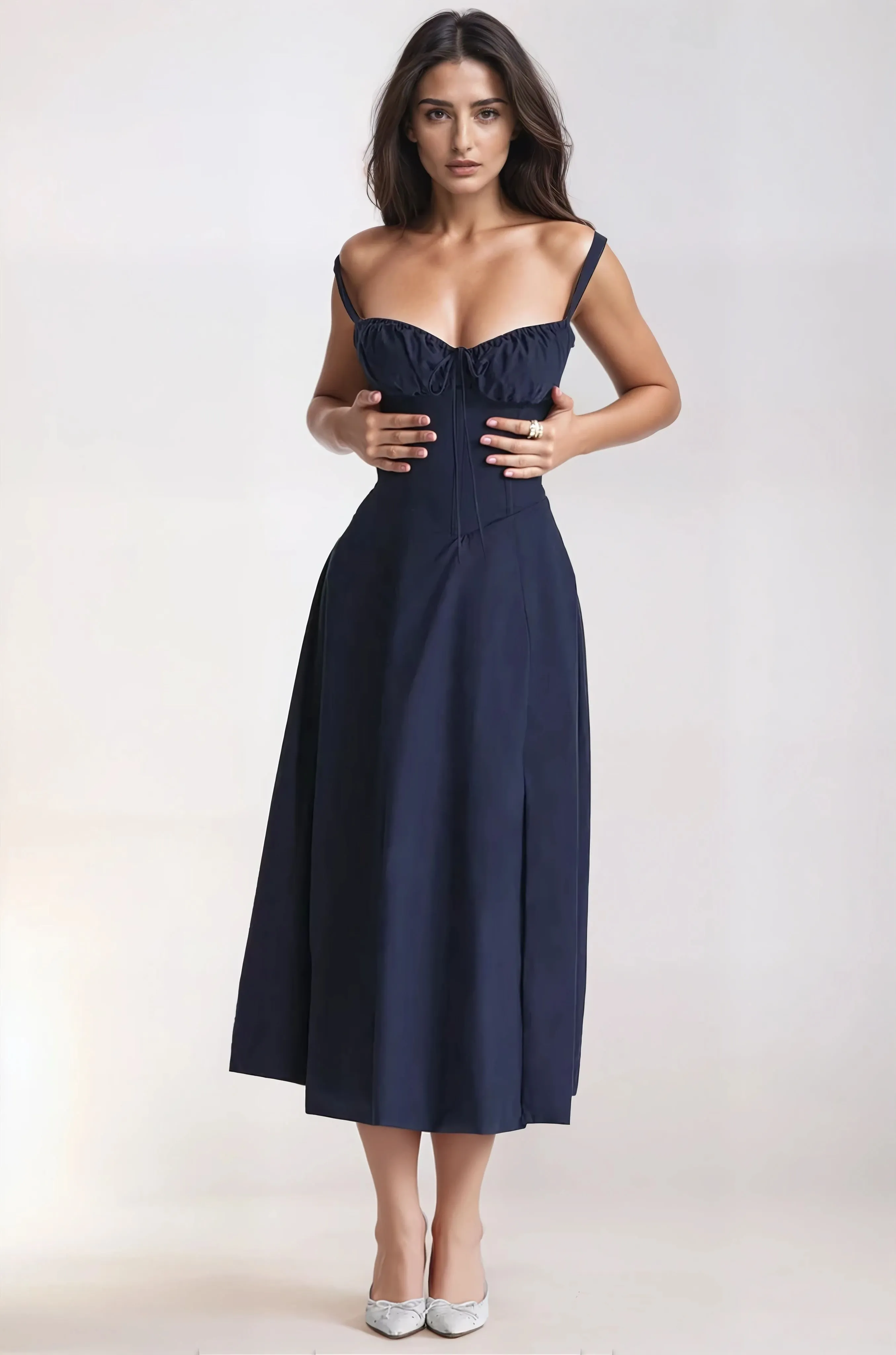 【RE RHEE】24SS SWEETHEART-NECK SLEEVES DRESS MIDNIGHT NAVY R & M Richards Sweetheart Neck Embroidered Mesh Cape Overlay
