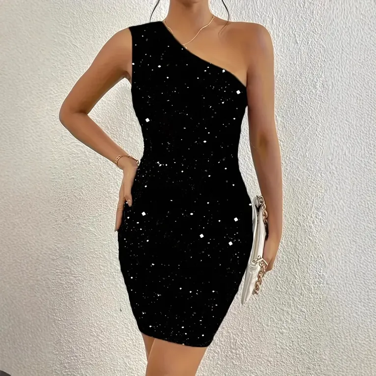 Black Embellished One Shoulder Mini Dress - Image 1