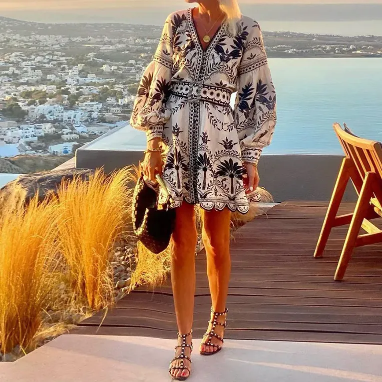 White Ethnic Print Line Mini Dress - Image 1