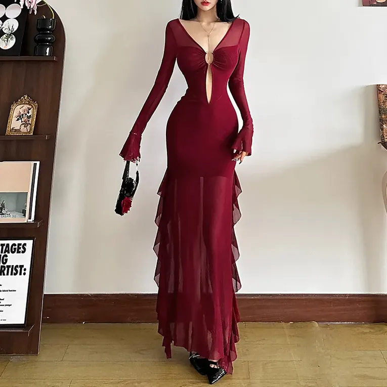 Maroon Ruffle Detail Plunge Neck Dress - Image 1