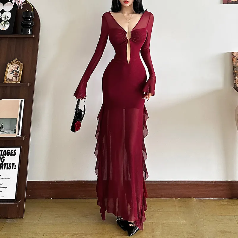 Maroon Ruffle Detail Plunge Neck Dress