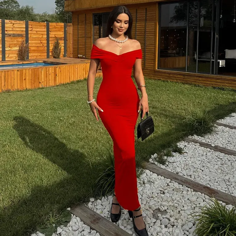 Maroon Solid Off Shoulder Maxi Dress - Image 1