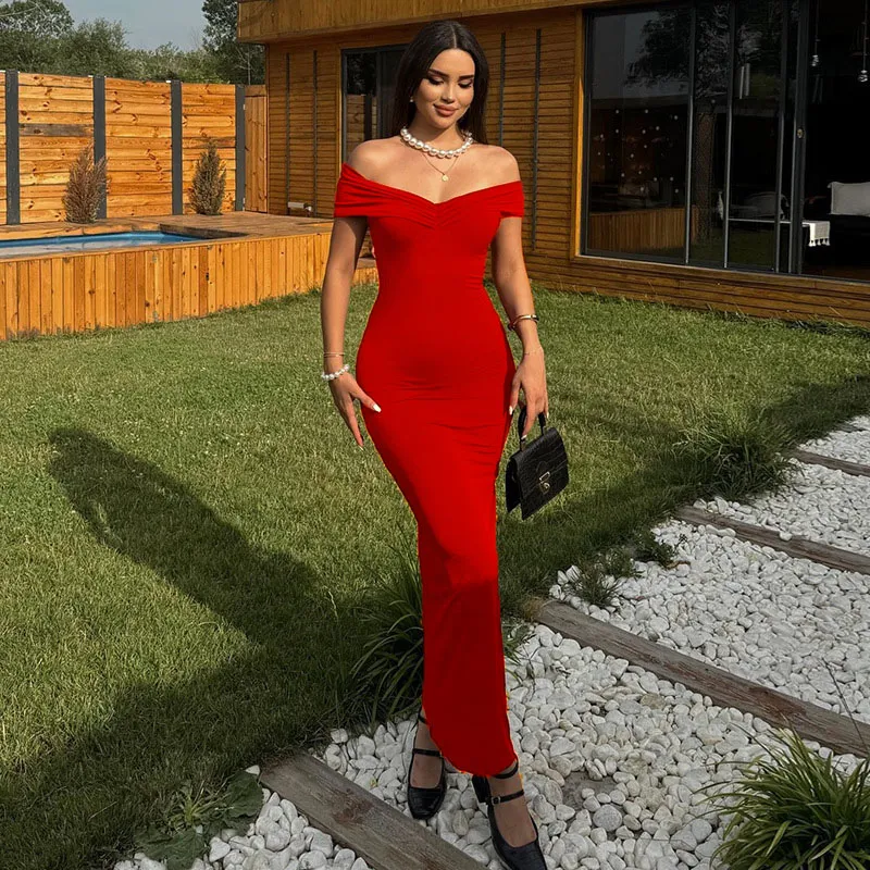 Maroon Solid Off Shoulder Maxi Dress