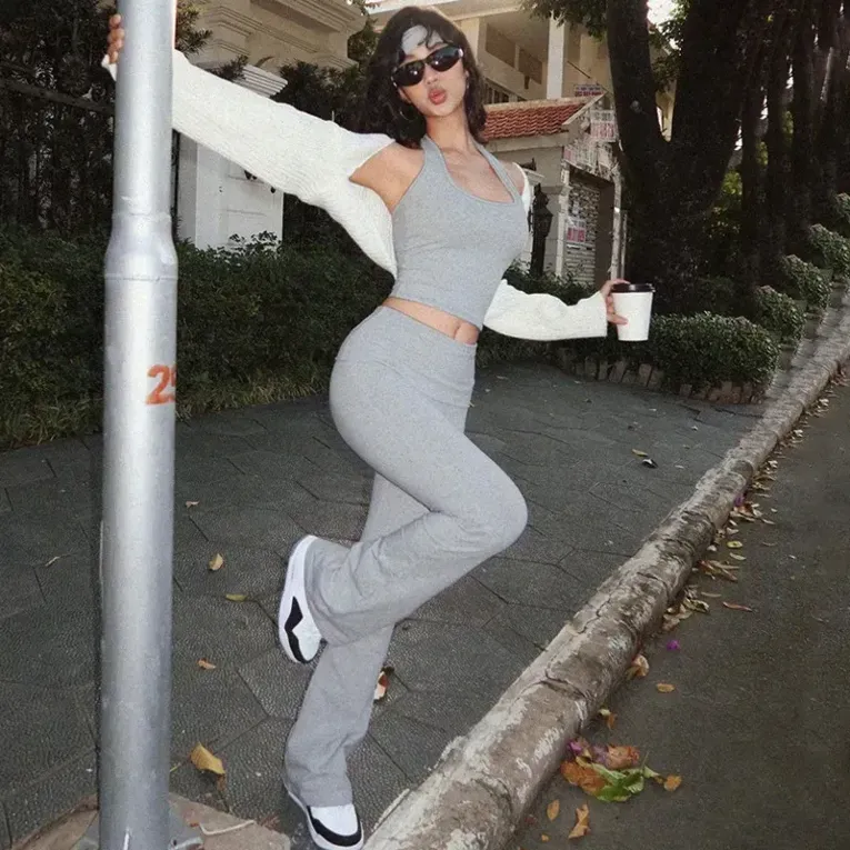Grey Solid Boot Cut Co Ord Set - Image 1