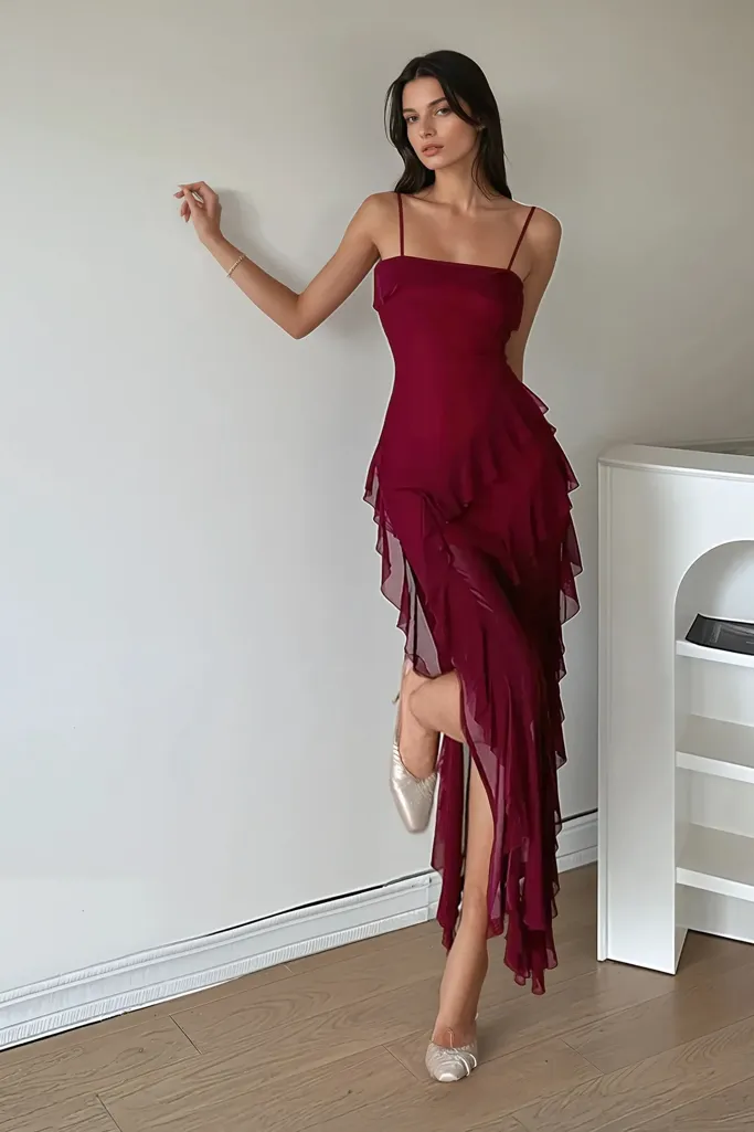 burgundy dress ruffle Spaghetti Straps Midi and flattering seaming