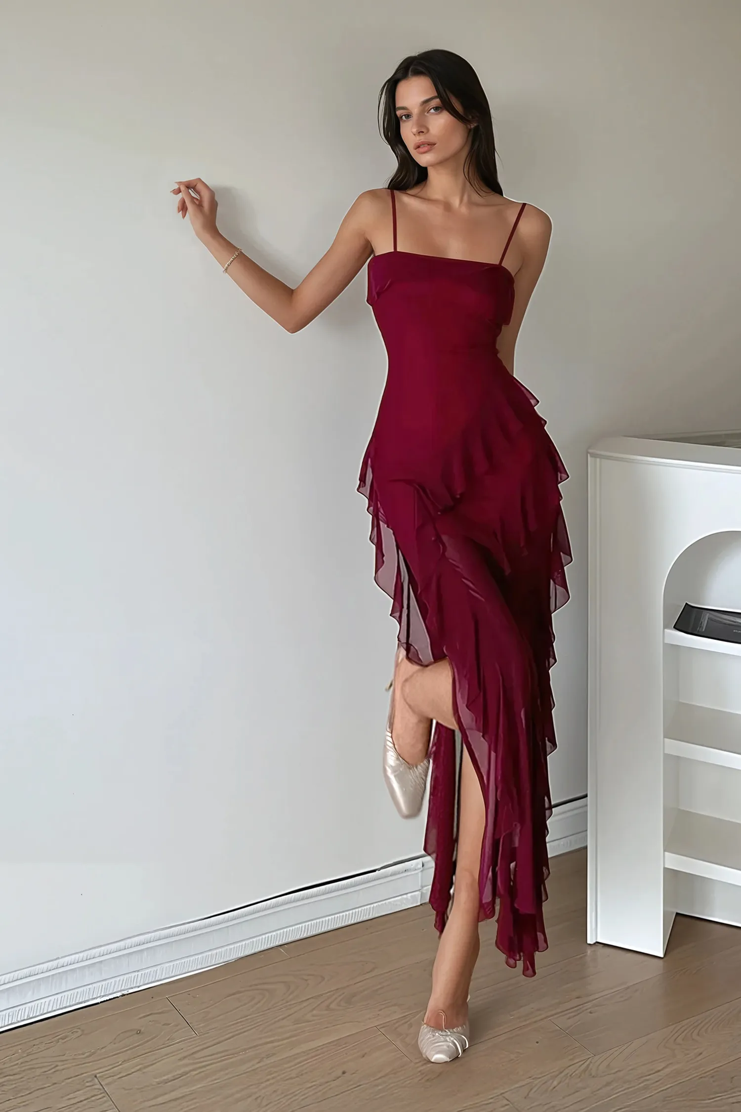 Burgundy Ruffle Spaghetti Straps Midi Dress - NEWME