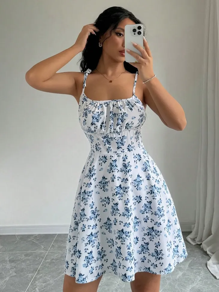 White Floral Fit And Flare Mini Dress - Image 1