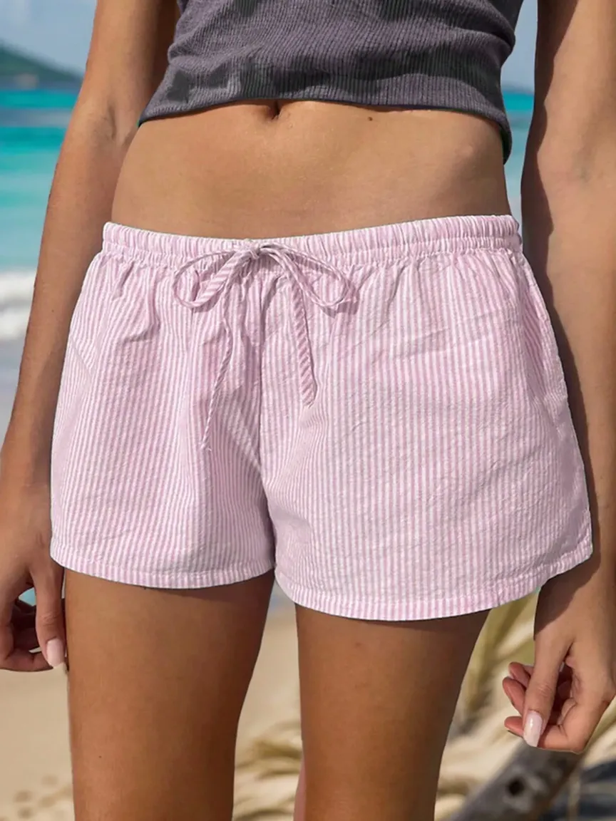 Light Pink Striped Lowrise Micro Mini Shorts - NEWME