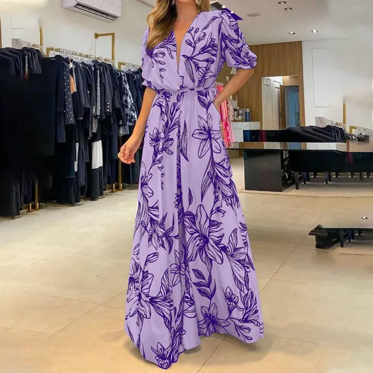 Purple Floral Blouson Maxi Dress - Image 1