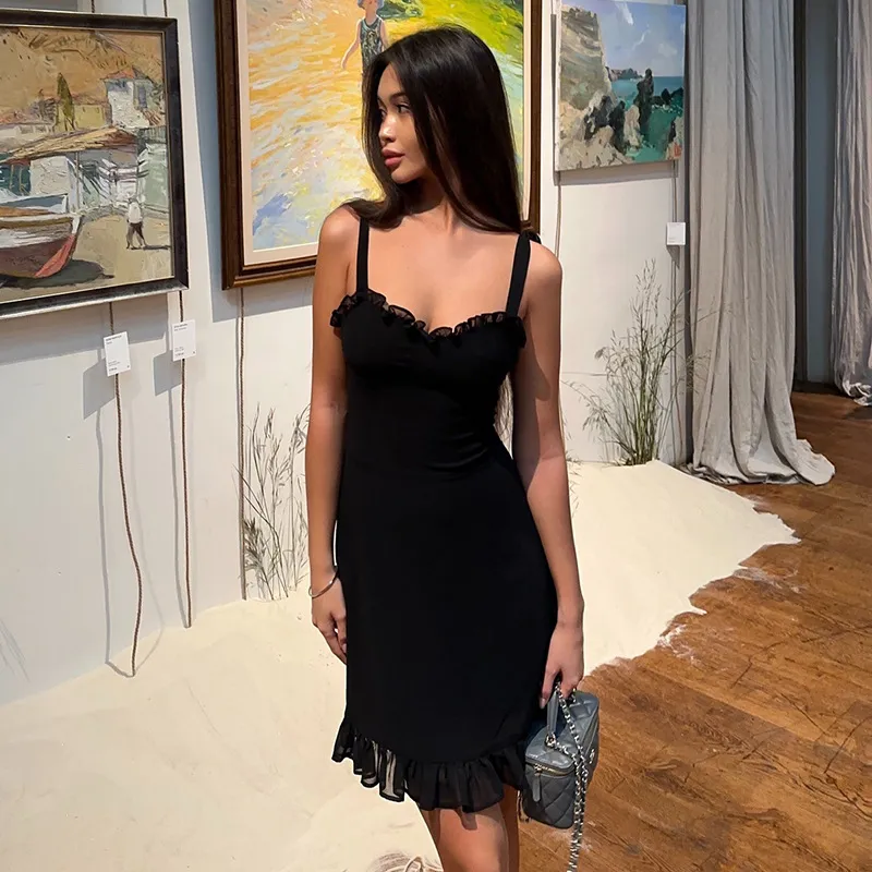 Black Ruffles Detail Aline Mini Dress