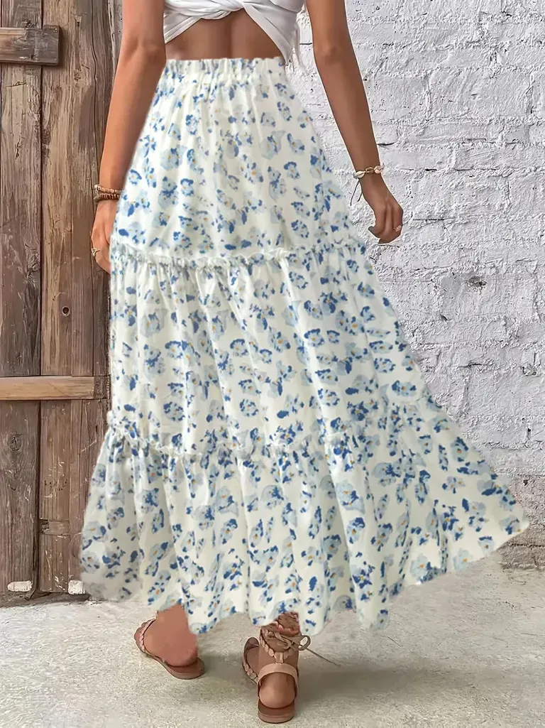 Off White Floral Tiered Maxi Skirt - NEWME