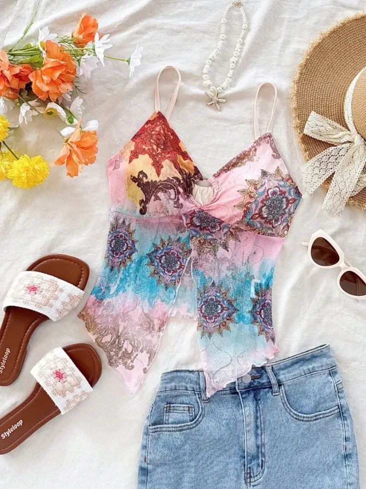 Light Pink Ethnic Print Slit Detail Top - Image 1