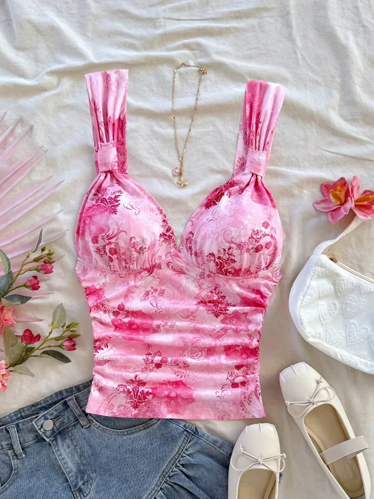 Light Pink Floral Ruched Crop Top - Image 1