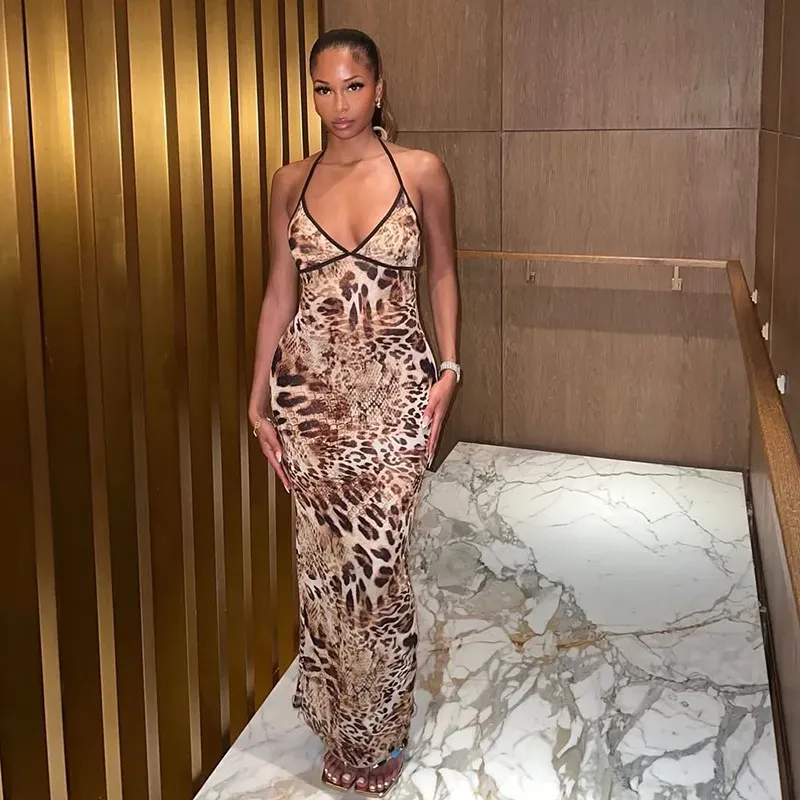 Beige Animal Print Backless Maxi Dress - NEWME