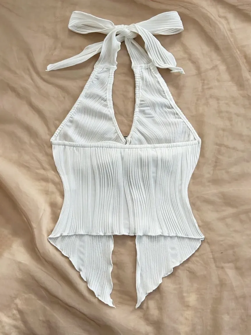 White Textured Halter Neck High Low Top - NEWME