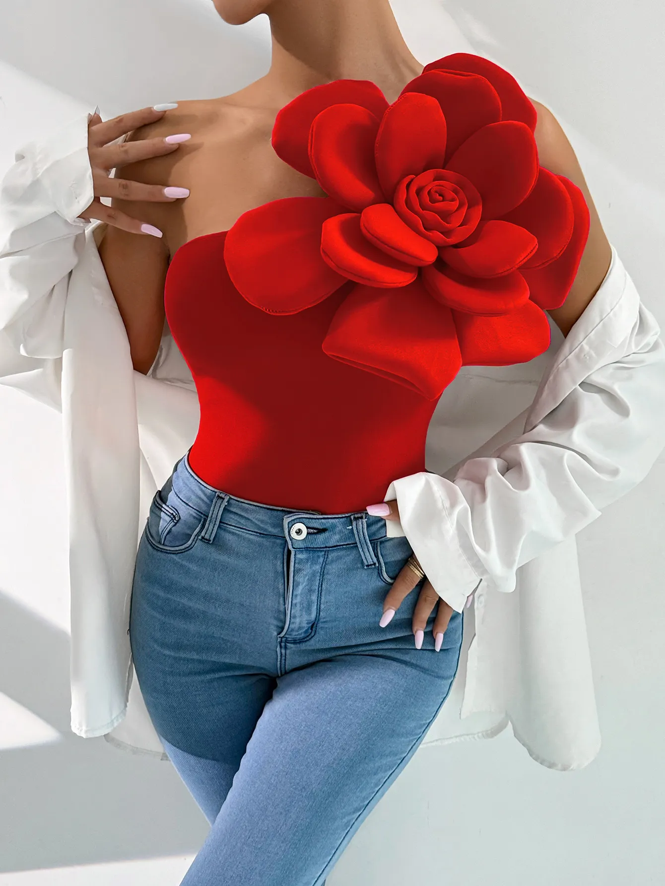 Red Flower Detail One Shoulder Top - NEWME