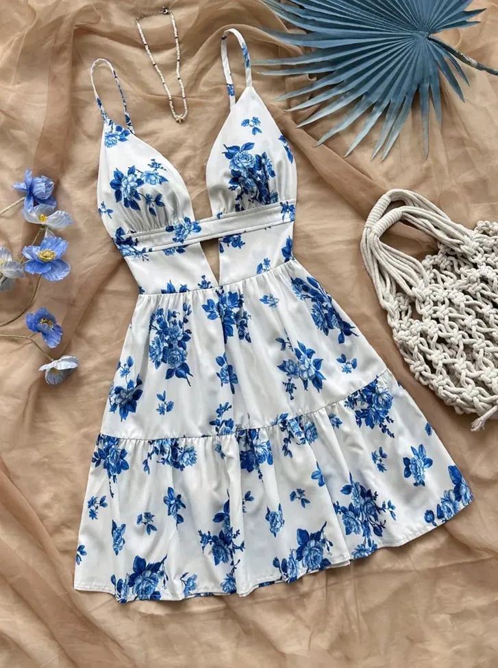 White Floral Fit Flare Dress - Image 1