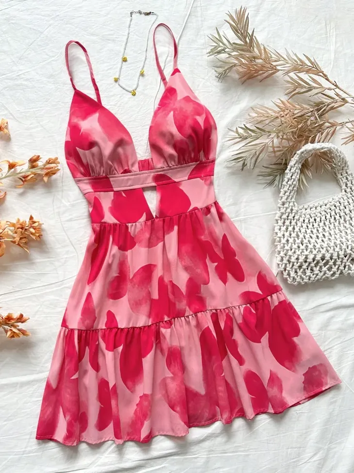 Light Pink Butterfly Print Fit Flare Mini Dress - Image 1
