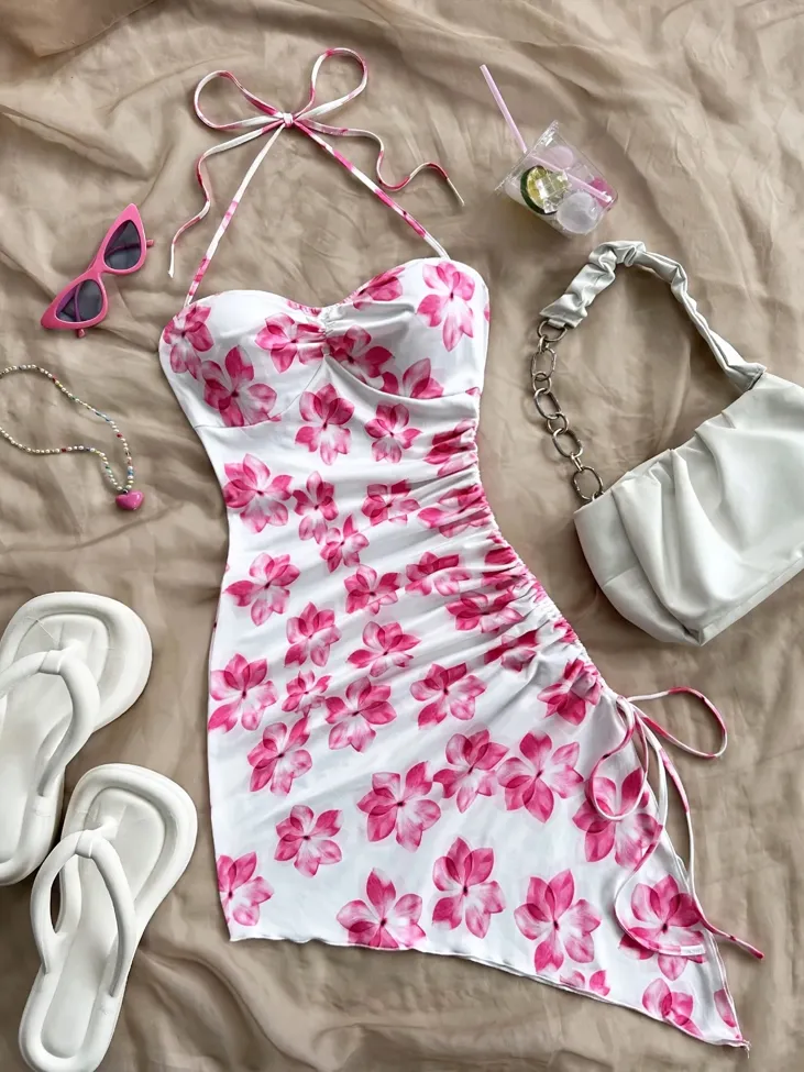 White Floral Halter Neck Mini Dress - Image 1