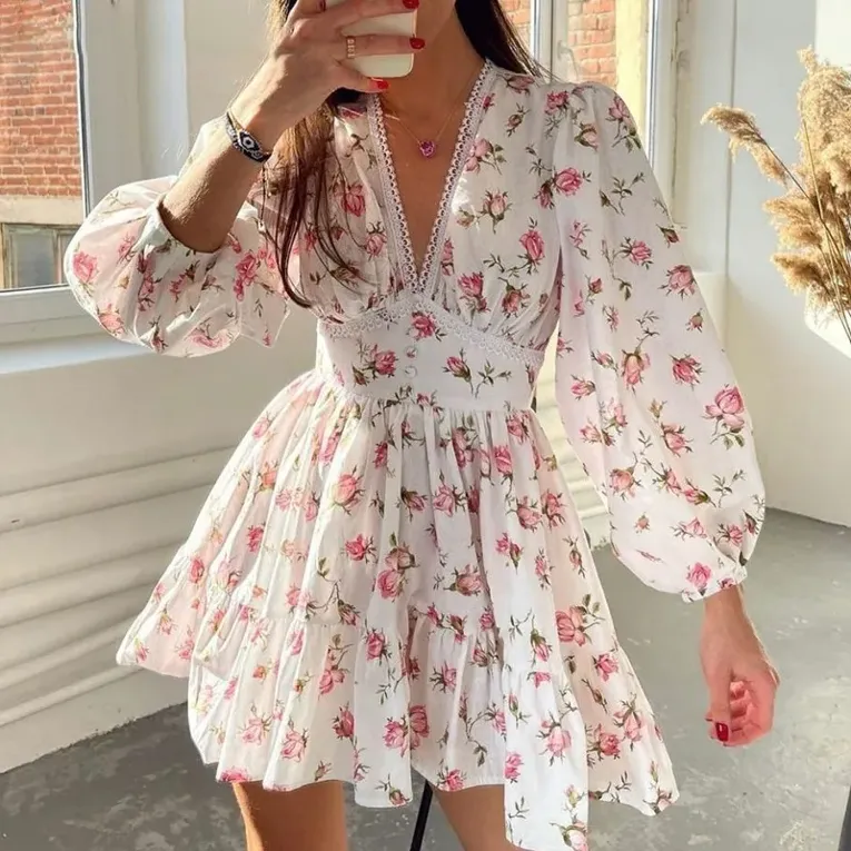 White Floral Cinched Waist Mini Dress - Image 1