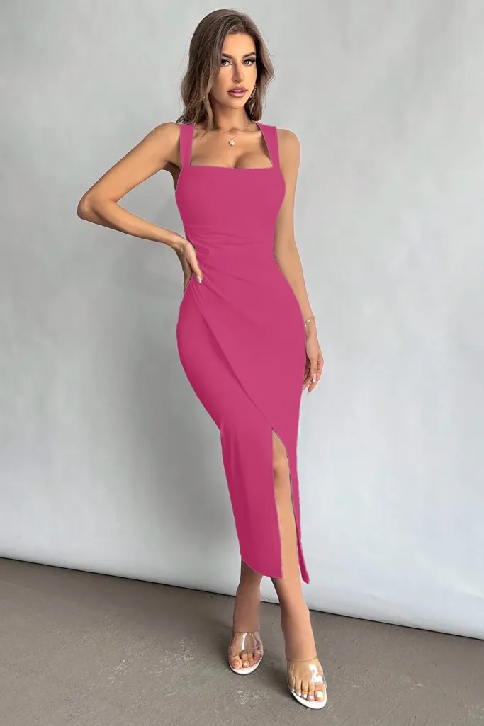 Pink Solid Slit Maxi Dress - Image 1