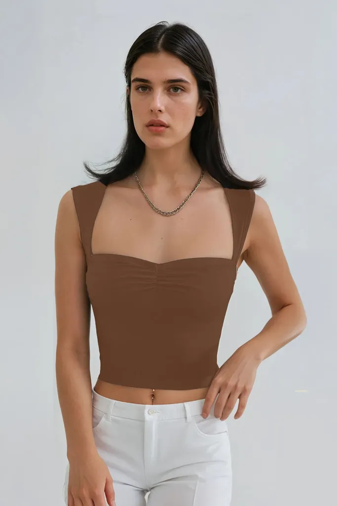 Brown Sweetheart Neck Fitted Top - Image 1