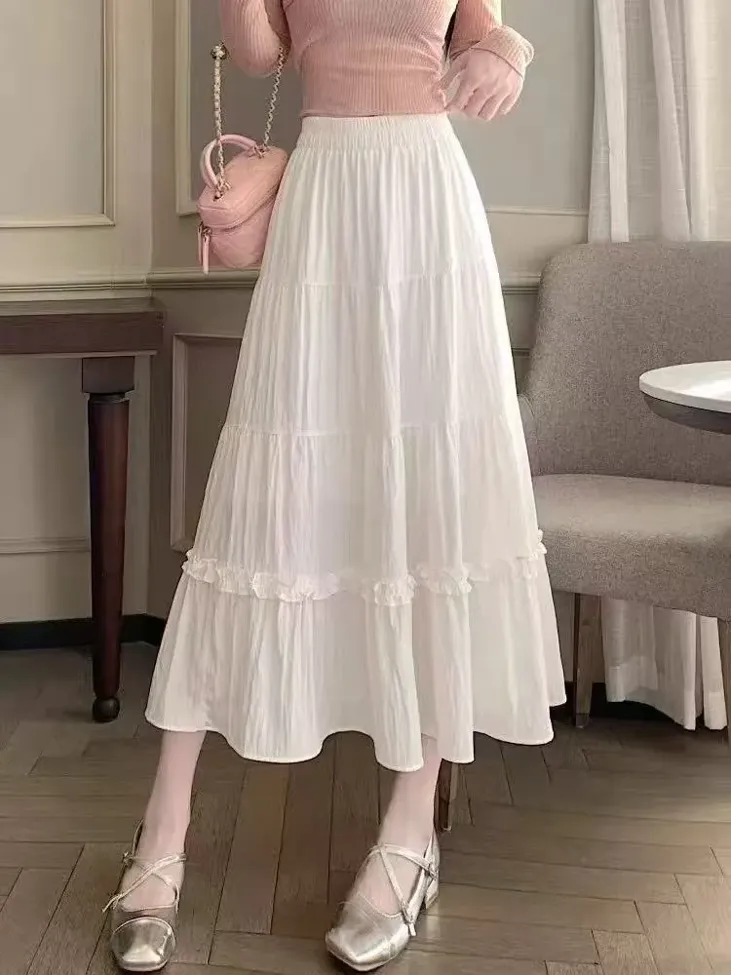 White Ruffles Detail Tiered Midi Skirt - Image 1