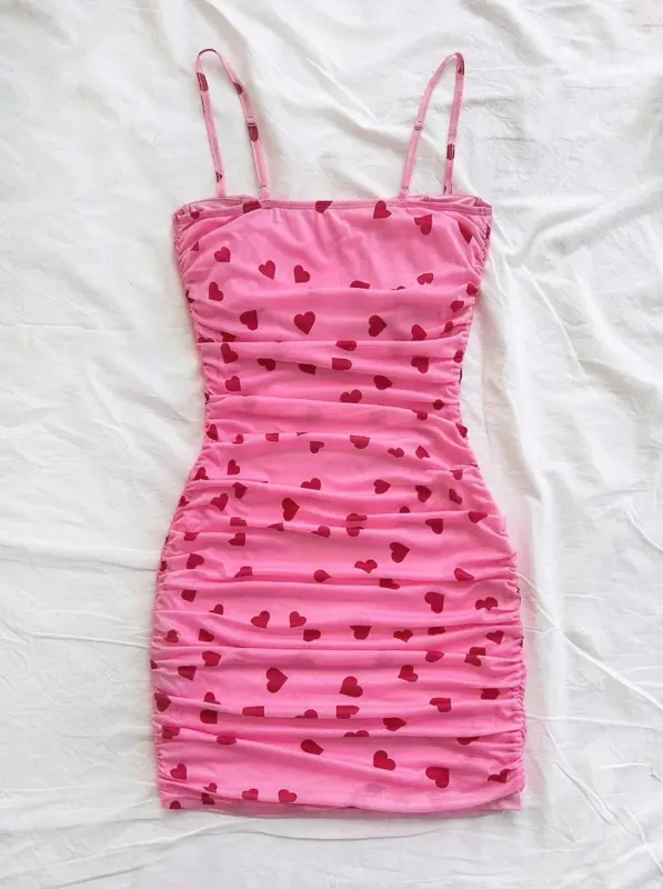 Light Pink Heart Print Ruched Micro Mini Dress - NEWME