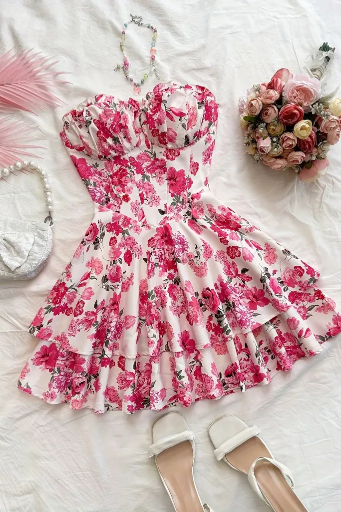 Dark Pink Floral Corset Mini Dress - Image 1