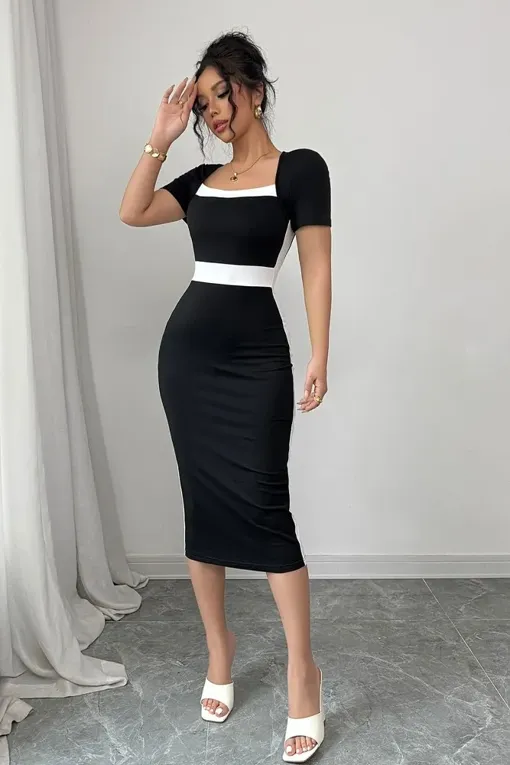 Black Fitted Square Neck Midi Dress - NEWME