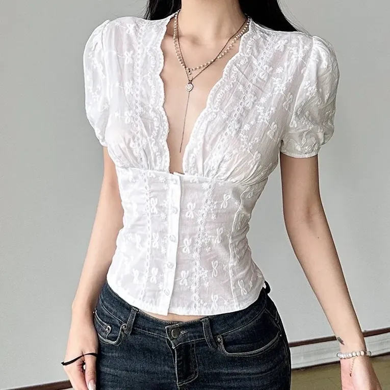 Embroidered Vneck Buttoned Top - Image 1
