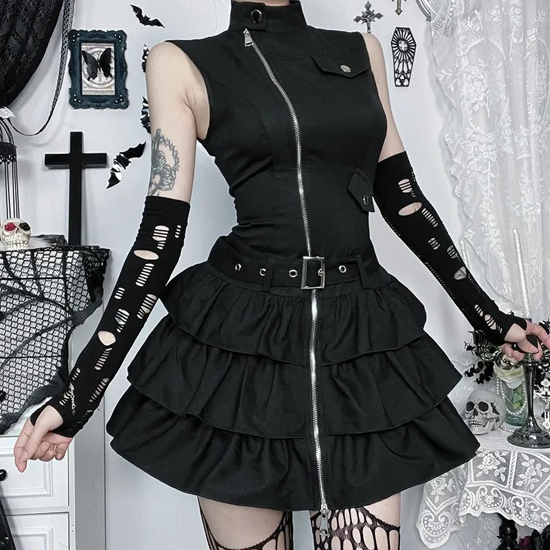 Black Belted High Neck Mini Dress