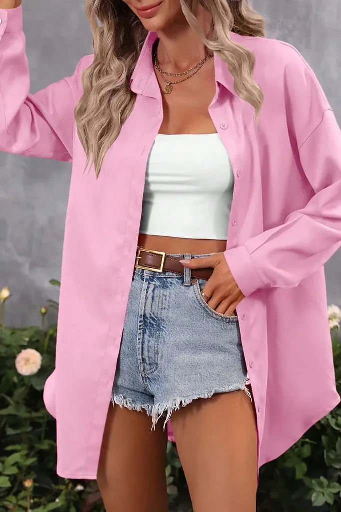 Pink Solid Button Down Shirt - Image 1