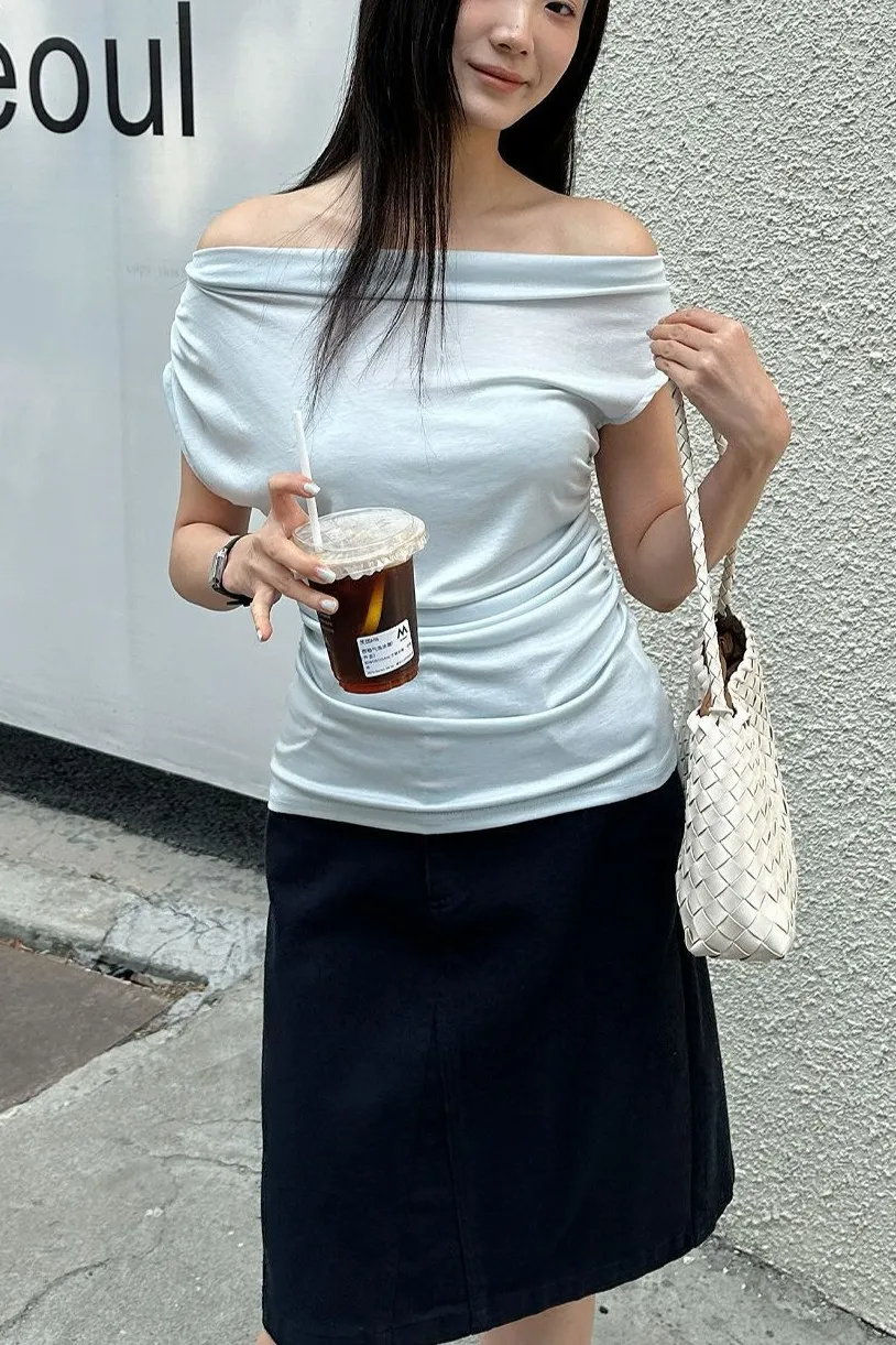 Light Blue Draped Boat Neck Top