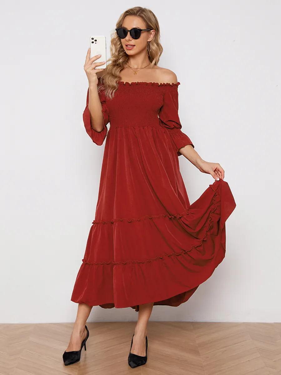 Red Smocked Off Shoulder Midi Tiered Dress - NEWME