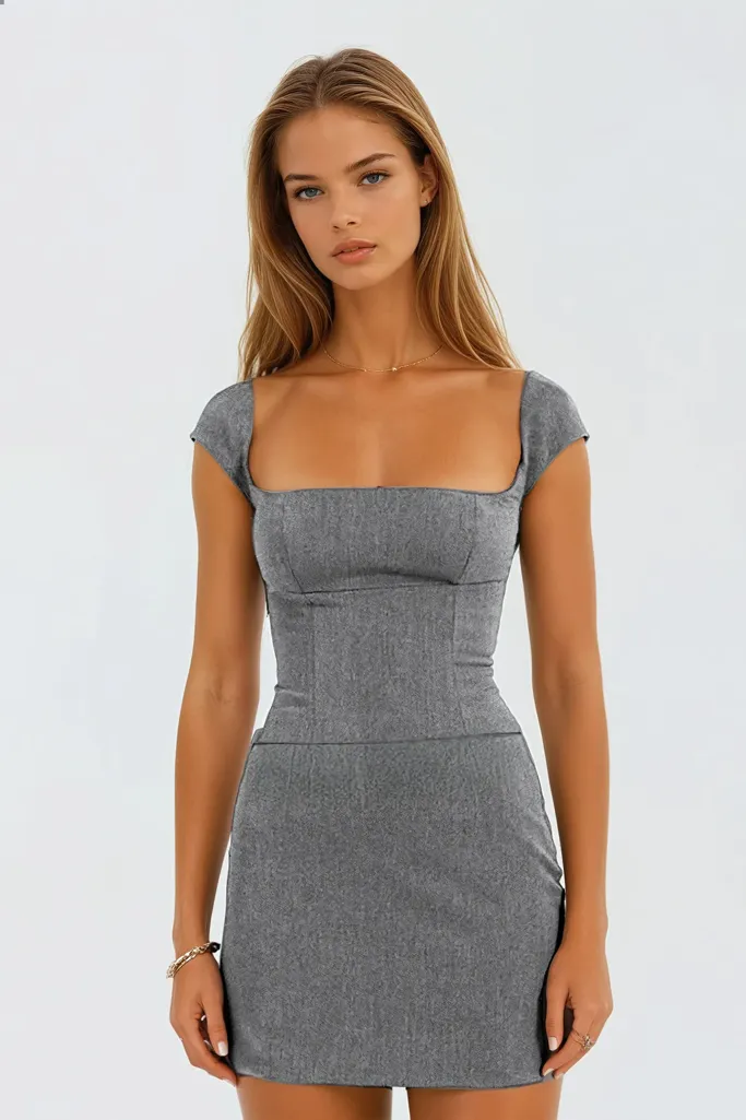 Solid Back Drawstring Detail Mini Dress - Image 1