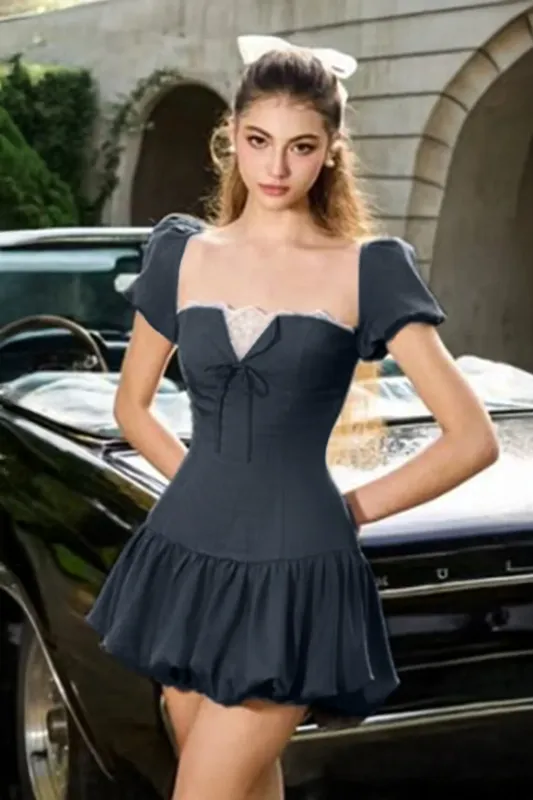 Mini Balloon Hem Dress With Lace Detail - NEWME